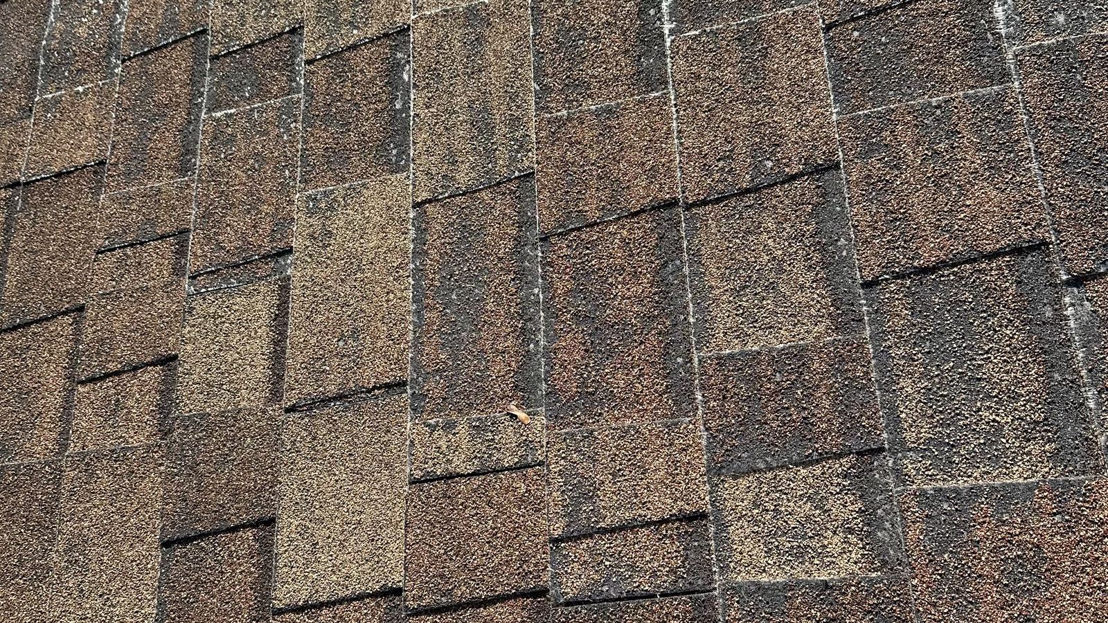 Close-up of weathered asphalt shingles showing discoloration and granule wear