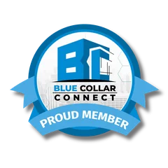 Blue Collar Connect proud member badge displayed by The NuRoof Guys, a Utah roofing company