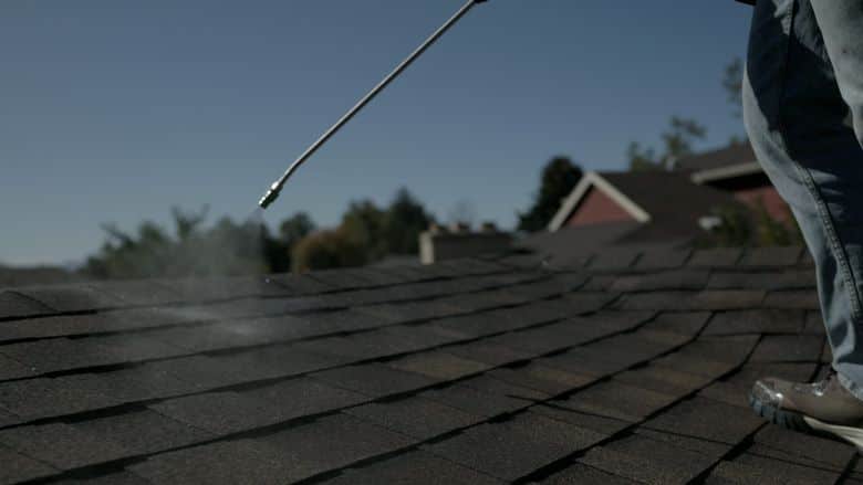 GoNano treatment across asphalt shingles in sunlight. The NuRoof Guys.